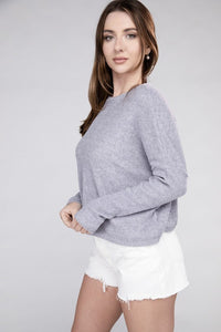 Zenana Seam Detailed Long Dolman Sleeve Cropped Ribbed Knit Top