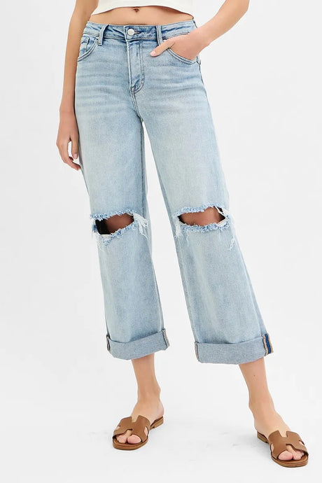 RISEN Mid Rise Cuffed Boyfriend Jeans
