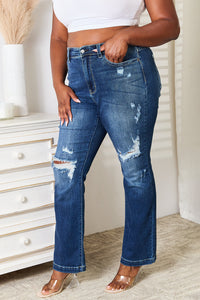 Judy Blue Mid Rise Hand Sand & Destroy Blue Denim Bootcut Jeans