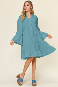 Double Take Solid Color Textured Tiered Ruffle Hem Dress