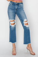 Load image into Gallery viewer, RISEN Mid Rise Distressed Cropped Blue Denim Flared Leg Jeans
