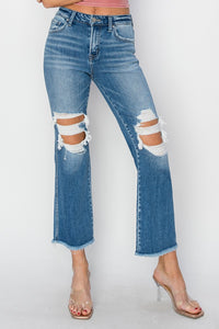 RISEN Mid Rise Distressed Cropped Blue Denim Flared Leg Jeans