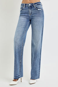 RISEN High Rise Distressed Straight Leg Blue Wash Denim Jeans