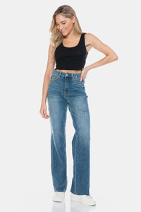 Judy Blue Tummy Control Cut Raw Hem Blue Denim Straight Leg Jeans