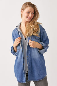 RISEN Zip Up Hooded Denim Blend Top