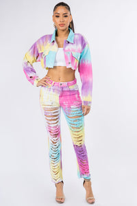 American Bazi Multi Color Distressed Cropped Denim Jean Jacket