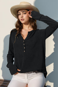 Double Take Solid Color Notched Thumbhole Long Sleeve Top