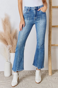 RISEN High Waisted Washed Blue Denim Flared Leg Jeans