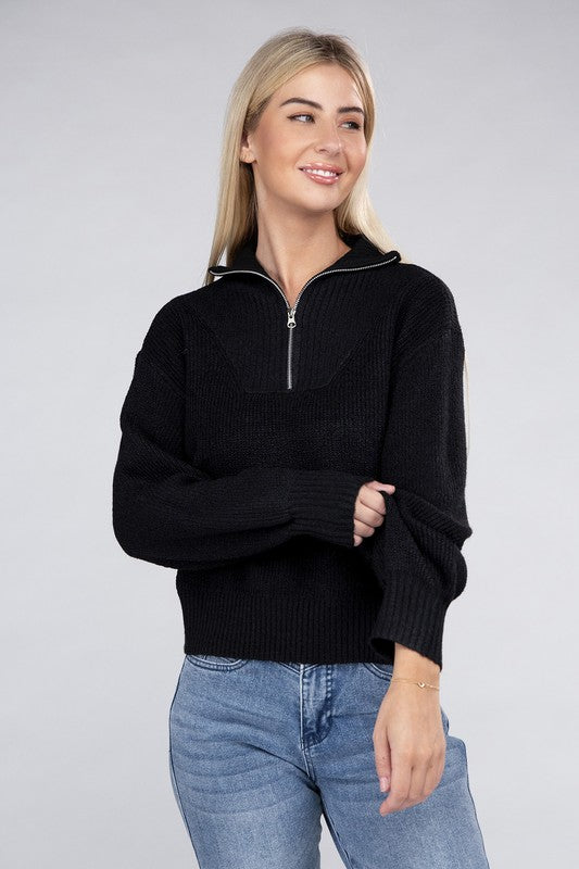Ambiance Solid Color Pullover Zip Collar Soft Ribbed Knit Top