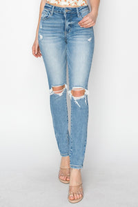 Risen High Rise Knee Distressed Skinny Blue Wash Denim Jeans