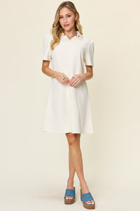 Double Take Solid Color Textured Collared Short Sleeve Dress