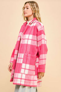 Davi & Dani Pink Plaid Open Front Longline Jacket