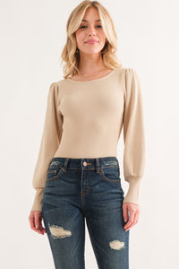 And The Why Beige Puffy Sleeve Rib Knit Bodysuit