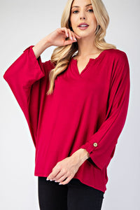 Celeste Red Notched Three-Quarter Sleeve Top