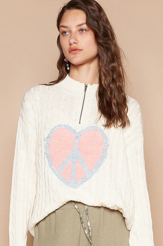 POL Peace Patch Dropped Shoulder Cable-Knit Sweater