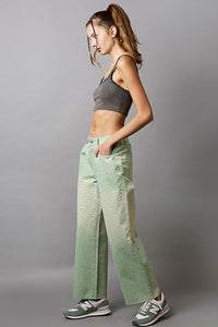 POL Green Gradient Rhinestone Embellished Wide Leg Pants