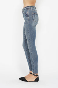 Judy Blue Tummy Control Vintage Wash Hem Destroy Blue Denim Skinny Jeans