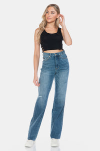 Judy Blue Tummy Control Cut Raw Hem Blue Denim Straight Leg Jeans