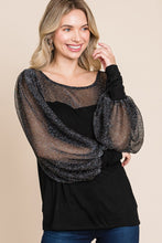 Загрузить изображение в средство просмотра галереи, Super Lady Black Sheer Metallic Lantern Sleeve Knit Top
