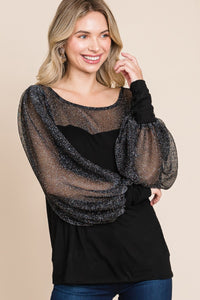 Super Lady Black Sheer Metallic Lantern Sleeve Knit Top