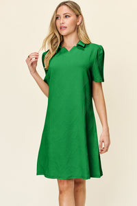 Double Take Solid Color Textured Collared Short Sleeve Dress