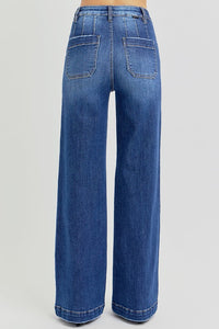 RISEN High Rise Slanted Pocket Wide Leg Blue Denim Jeans