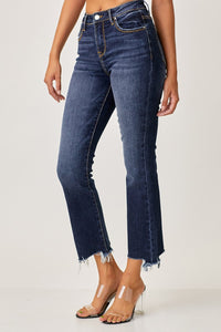 Risen Frayed Hem Cropped Blue Denim Straight Leg Jeans