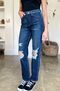 Judy Blue High Waist Destroyed Dark Blue Denim Straight Leg Jeans