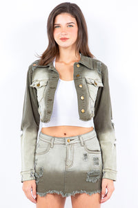 American Bazi Olive Green Washed Ombre Distressed Cropped Denim Jacket