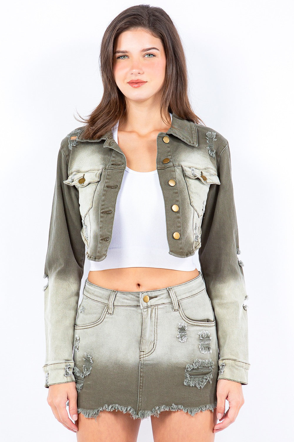 American Bazi Olive Green Washed Ombre Distressed Cropped Denim Jacket