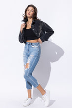 Ladda upp bild till gallerivisning, Sweet Generis Washed Rhinestone Fringe Cropped Denim Jacket
