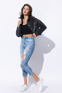 Sweet Generis Washed Rhinestone Fringe Cropped Denim Jacket