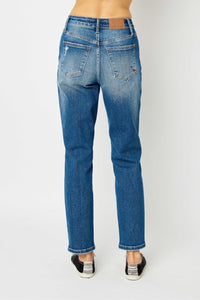 Judy Blue Distressed Chewed Raw Hem Slim Blue Denim Jeans