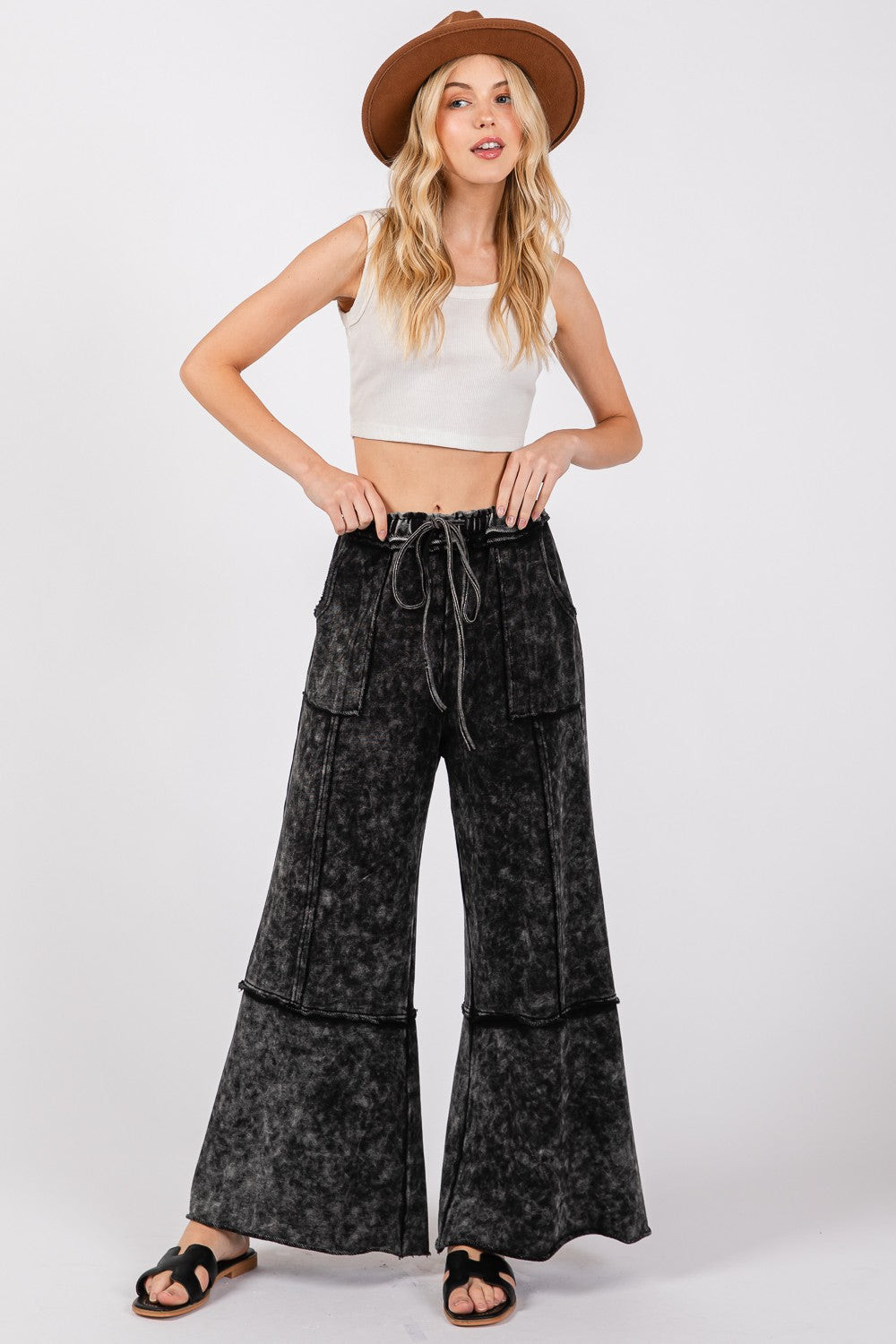 SAGE + FIG Black Ash Mineral Washed Wide Leg Terry Pants