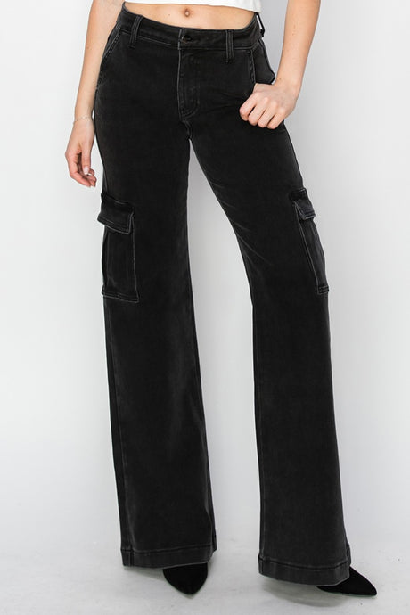 Risen Full Black Denim Wide Leg Cargo Jeans