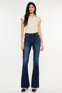 Kancan Mid Rise Dark Blue Washed Denim Flared Leg Jeans