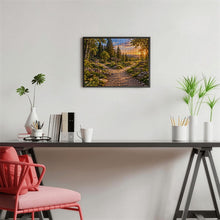 Загрузить изображение в средство просмотра галереи, TURNING POINT 500 piece wooden jigsaw puzzle featuring a KNOWN and UNKNOWN signpost at a forked forest path with wildflowers and sunset mountains.

