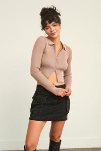 HYFVE Double Zip Cropped Ribbed Knit Cardigan