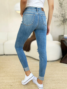 Judy Blue Mid Rise Distressed Cuffed Blue Denim Skinny Jeans