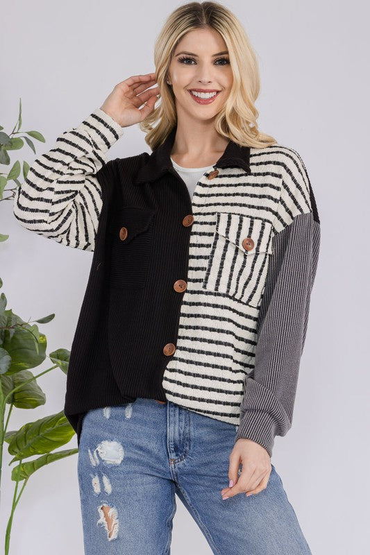 Celeste Striped Button Up Dropped Shoulder Shacket