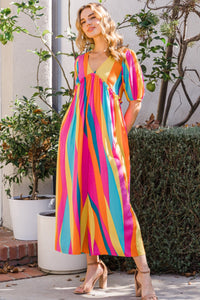 ODDI Multicolor Striped Puffy Sleeve Wide Leg Jumpsuit