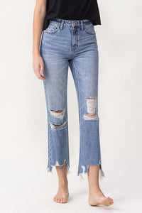 Lovervet High Waisted Distressed Chewed Raw Hem Blue Denim Straight Leg Jeans