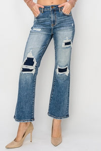 Risen Distressed Ankle Flare Blue Washed Denim Jeans