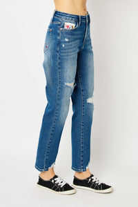 Judy Blue Distressed Chewed Raw Hem Slim Blue Denim Jeans