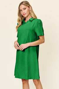 Double Take Solid Color Textured Collared Short Sleeve Dress