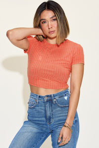 Basic Bae Solid Color Short Sleeve Cropped Ribbed Knit T-Shirt