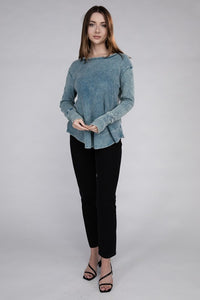 Zenana Mineral Washed Long Sleeve Soft Waffle Knit Top