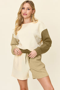 Double Take Color Block Contrast Drop Shoulder Loungewear Set