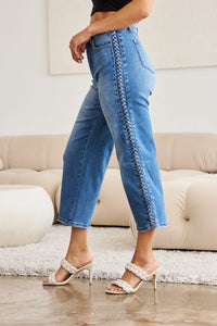 Judy Blue Braid Side Detailed Blue Denim Wide Leg Jeans