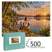 Carica l'immagine nel visualizzatore di Gallery, Uncharted 500 piece wooden jigsaw puzzle featuring a woman stepping into a boat with a map on a peaceful lake at sunrise.

